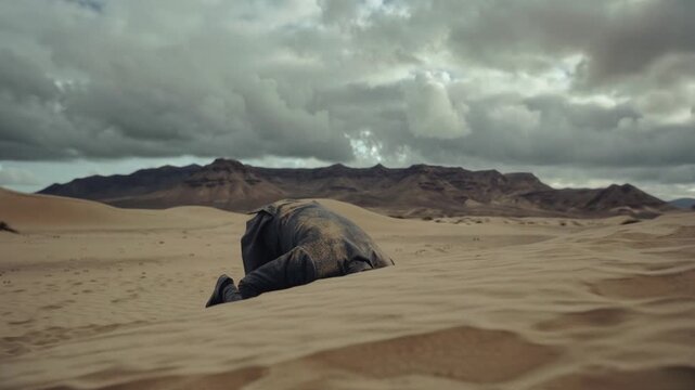Businessman burying his head in the sand in a desert landscape. Corporate executive hiding from reality and ignoring problems. Concept of denial and failure