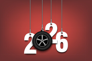 Fototapeta premium Numbers 2026 and car wheel as a Christmas decorations are hanging on strings. New Year 2026 are hang on cords. Template design for greeting card. Vector illustration on isolated background