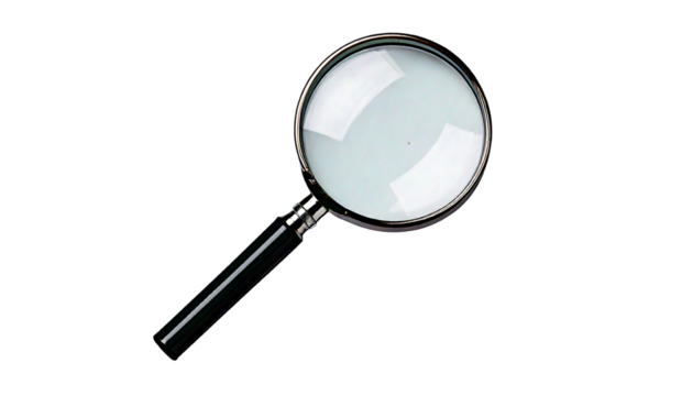 Magnifying glass with black handle and silver rim on a white circular lens, isolated on a wh.png