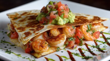 Delicious Shrimp Quesadilla Served with Fresh Guacamole and Pico de Gallo for a Mouthwatering Mexican Meal