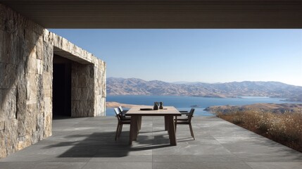 Modern outdoor dining area with stunning lake view and mountains in the background, perfect for relaxation and entertaining guests in nature's beauty