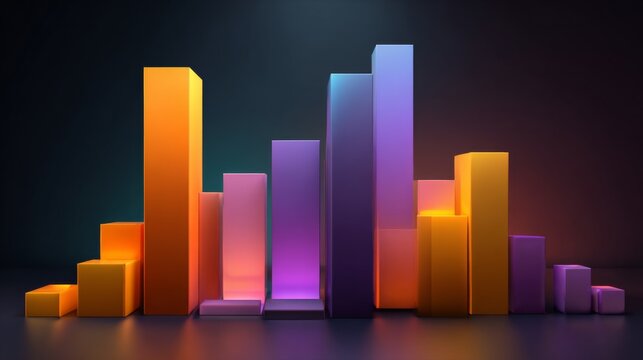 Colorful 3D Bar Graph with Vibrant Gradients in a Dark Background for Business Analysis and Presentation of Data Visualizations - Powered by Adobe
