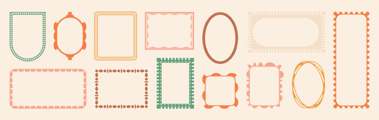 Muted retro frame collection. Hand drawn pastel color borders for vintage postcard label invitation. Minimal doodle rectangular oval scallop arch shapes. Elegant coastal outline design element set