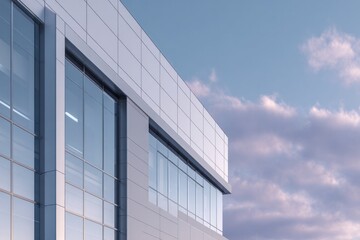 Obraz premium Modern commercial structure exterior features large glass panes and light paneling against a soft sky