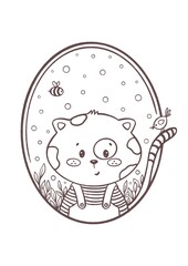 Cute Cat in Oval Frame with Bird and Bee – Adorable Kids Coloring Page, Line Art Illustration. Kawaii cat illustration. Cute kids line art
