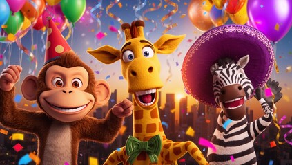 Naklejka premium Cheerful Cartoon Animals Celebrating with Balloons and Confetti