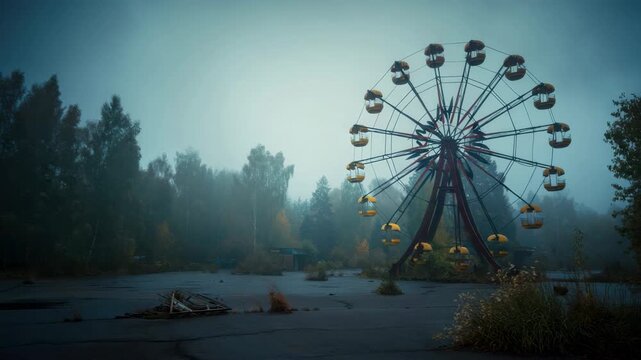 Abandoned ferris wheel in foggy amusement park, misty deserted fairground ride, overgrown concrete empty attraction, eerie twilight atmosphere, rusting structure, forgotten leisure landscape