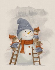 Vintage watercolor christmas card a little mouses making a huge snowman