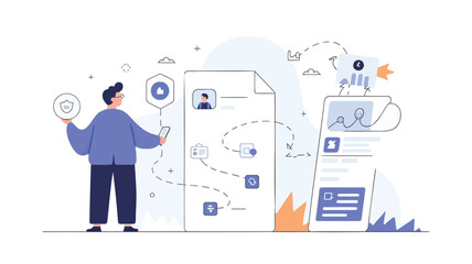 A stylized graphic design featuring a person standing next to a completed project or structure rendered in a vibrant multi color vector format with clean lines and modern aesthetics