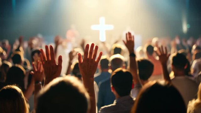 Worshippers raising hands before illuminated cross in a church service, communal praise worship atmosphere, spiritual gathering, live worship music, prayerful devotion, faith expression