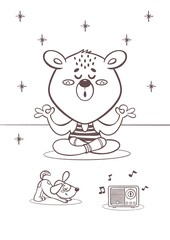 Yoga for kids. Meditating Bear with Yoga Pose, Cute Dog and Radio – Kids Coloring Page Line Art Illustration. Kawaii Bear. Coloring for kids