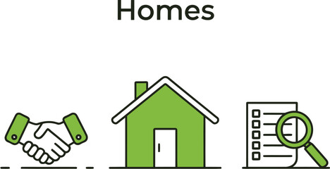 Icons representing real estate, home buying, and property search are arranged together.