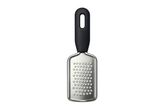 Metal kitchen grater with black handle on transparent background