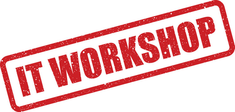 Distressed rectangular rubber stamp clearly displaying the phrase IT WORKSHOP, ideal for training events or educational seminars
