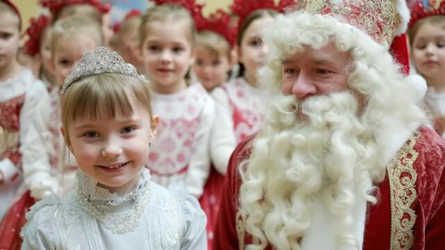 Ded moroz and snegurochka in traditional costumes smiling for a close-up portrait with kids
