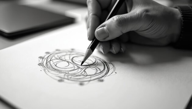 Artist hand sketches abstract circular pattern with pencil on white paper. Designer draws logo ideas, plans creative work at desk with modern tech tools.
