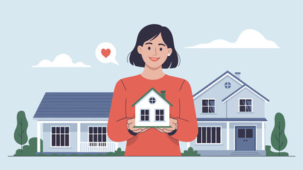A woman holds a miniature house, symbolizing homeownership and dreams.