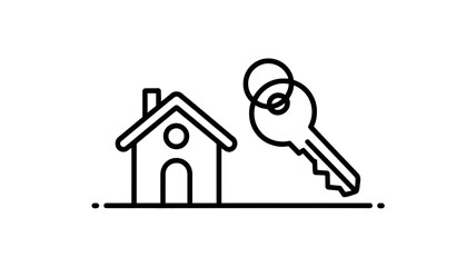 A simple line drawing of a house and a key on a white background.