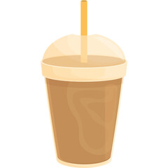 A tall brown beverage in a clear plastic cup with a beige lid and a yellow straw isolated on a white background