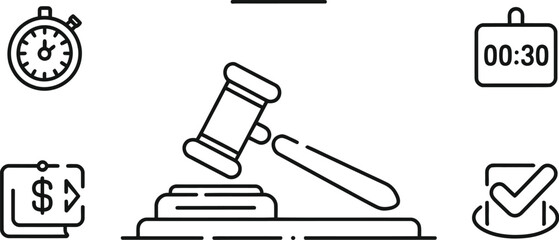 Auction gavel and icons representing time, money, and approval.