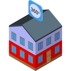 Isometric 3D Modern Building With A Blue 360 Degree Sign On Top Set Against A Transparent Background Ideal For Virtual Tours And Real Estate Applications