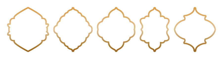 Ramadan vintage gold window, door frames. Islamic arches with ornament. Arabesque and Turkish outline labels. Oriental design elements. Vector decor. Islamic architecture elements of window and door