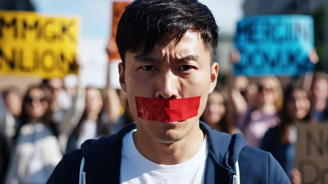 Man Holds Red Tape Over Mouth at Protest in Outdoor Rally