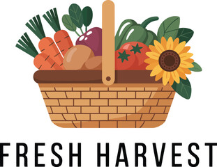 A woven basket overflows with a vibrant assortment of fresh vegetables and a sunflower.