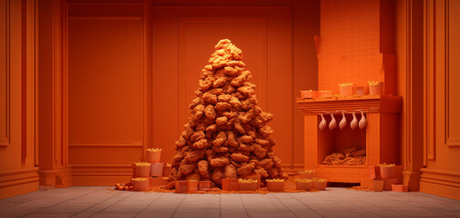 Indulge in a fried chicken Christmas feast, enjoy the holidays with a mountain of savory chicken and fries, celebrate the season with delicious food