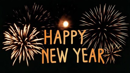 happy new year text on golden firework night sky background animation - Powered by Adobe