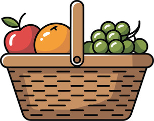 A woven basket overflows with fresh, colorful fruit, including apples, oranges, and grapes.