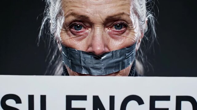 Silenced Senior Woman Holds Sign, Taped Mouth