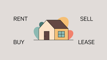 A simple illustration of a house surrounded by words like rent, buy, sell, and lease.