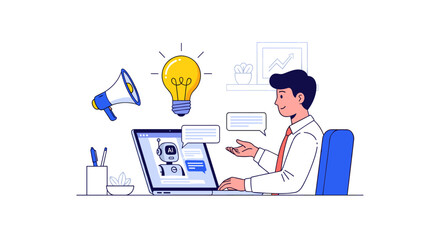 A professional is actively engaging with an AI chatbot on a laptop, surrounded by symbols of marketing, innovative ideas, and effective communication strategies.