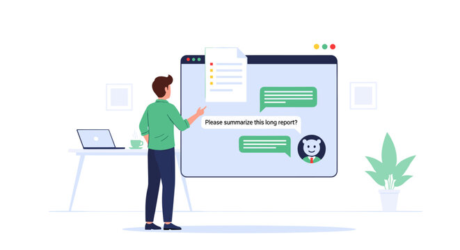 A person interacts with an advanced AI chatbot on a web browser, efficiently summarizing a lengthy report for enhanced productivity and information management.