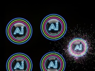 Neon AI orbs in grid with one bursting into sparks on dark backdrop
