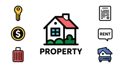 A collection of icons representing property, rent, and real estate.