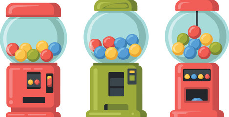 Three colorful gumball machines filled with bright candy balls.