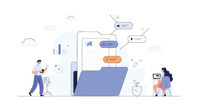 Abstract digital illustration depicting a smart folder with automated tagging and data organization featuring a modern clean design with vibrant color accents and clear typography