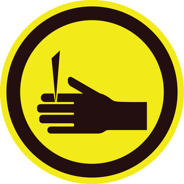 Black silhouette of a hand being cut by a sharp object within a yellow circle with black border caution sign graphic illustration