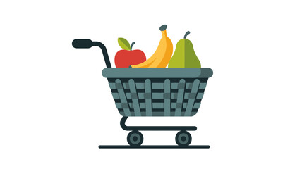 A shopping cart filled with colorful fruits like apples, bananas, and pears.