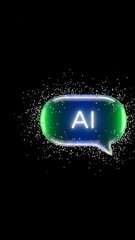 Glowing speech bubble with AI text exploding on black background, hype burst concept