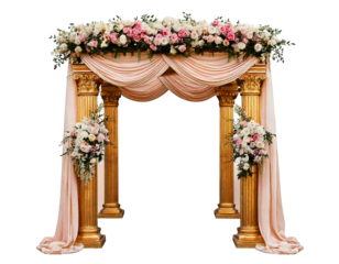  Ornate golden wedding arch with draped fabric and floral arrangements of pink and white rose.png