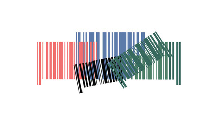 Three overlapping barcodes in red, blue, and green hues create a modern abstract design.