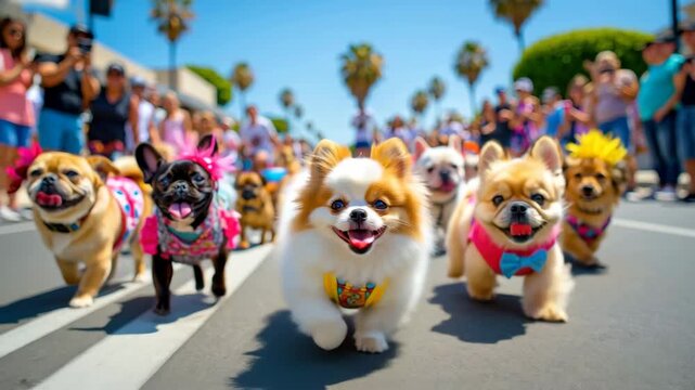 Small fluffy dogs in colorful costumes running on a sunny street during a pet parade, crowd along palm tree avenue, summer festival atmosphere, community pet celebration, playful motion