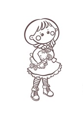 Cute Girl with Toy Bunny – Kids Coloring Page Line Art Illustration. Sweet kawaii character, simple line art illustration for kids. Cute kids Clipart perfect for children’s books, coloring pages