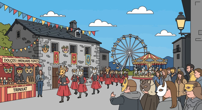 Vector illustration of a whimsical European folk festival with a masked parade and fairground