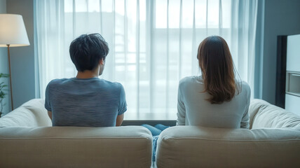 An young asian couple sitting on opposite ends of sofa, body language slightly turned away, neutral faces looking in different directions. Emotional distance and relation crisis concept.