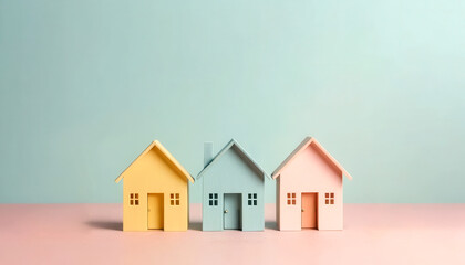A simple geometric group of small wooden houses, soft pastel background. Symbolic composition suitable for legal or mediation visuals in real estate, sale and division of property. Copy space