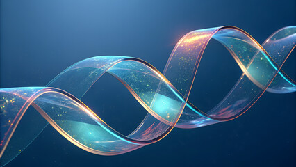 3d abstract liquid glass transparent ribbon wave line on dark blue background. Render gradient water tape, fluid flow curve shape with flare and light refraction. 3D illustration